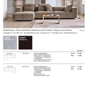 Baseline Quick Ship reference sheet showing a chaise sectional in a living room, fabric swatches and product specifications